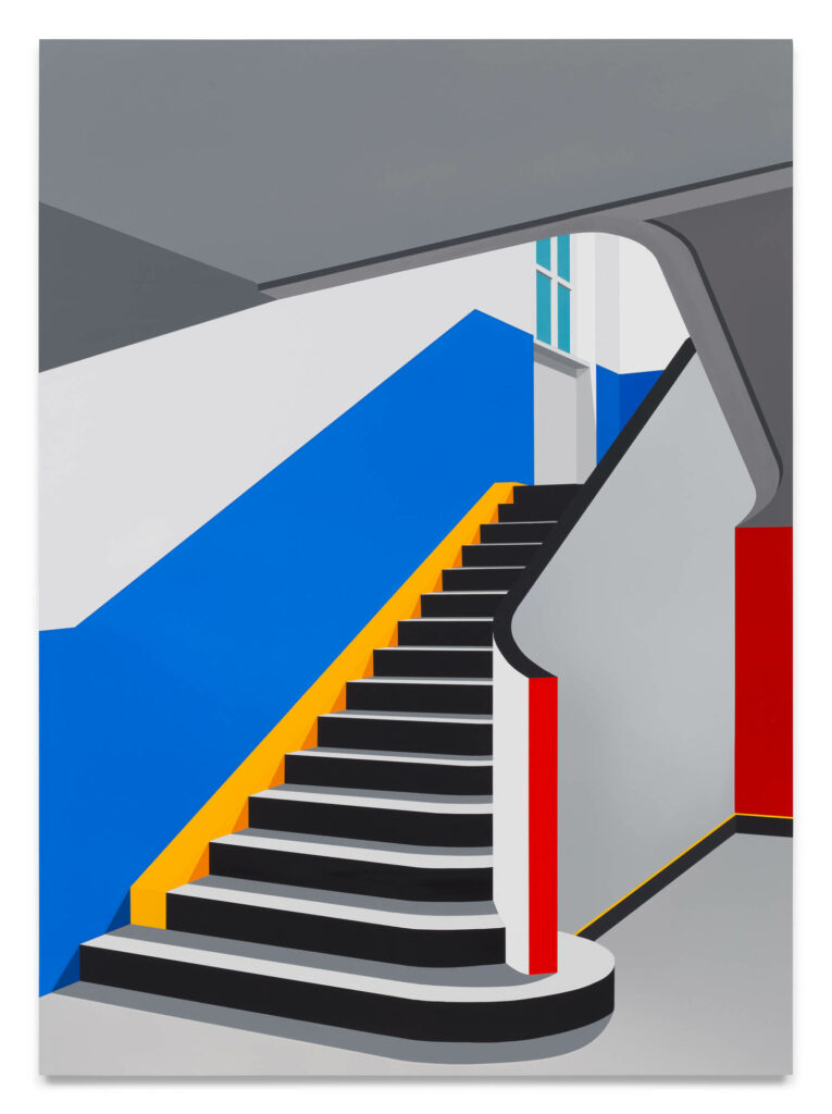 bright image of white staircase and bright blue walls