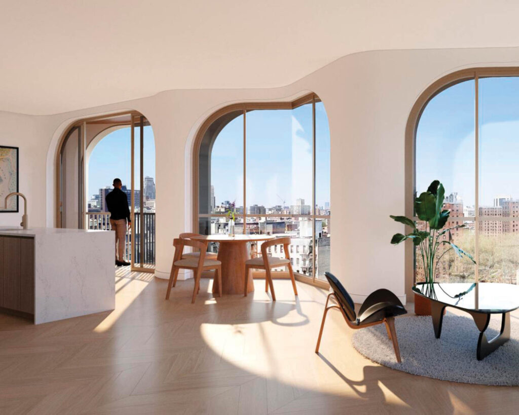 interior of residential tower with floor-to-ceiling windows