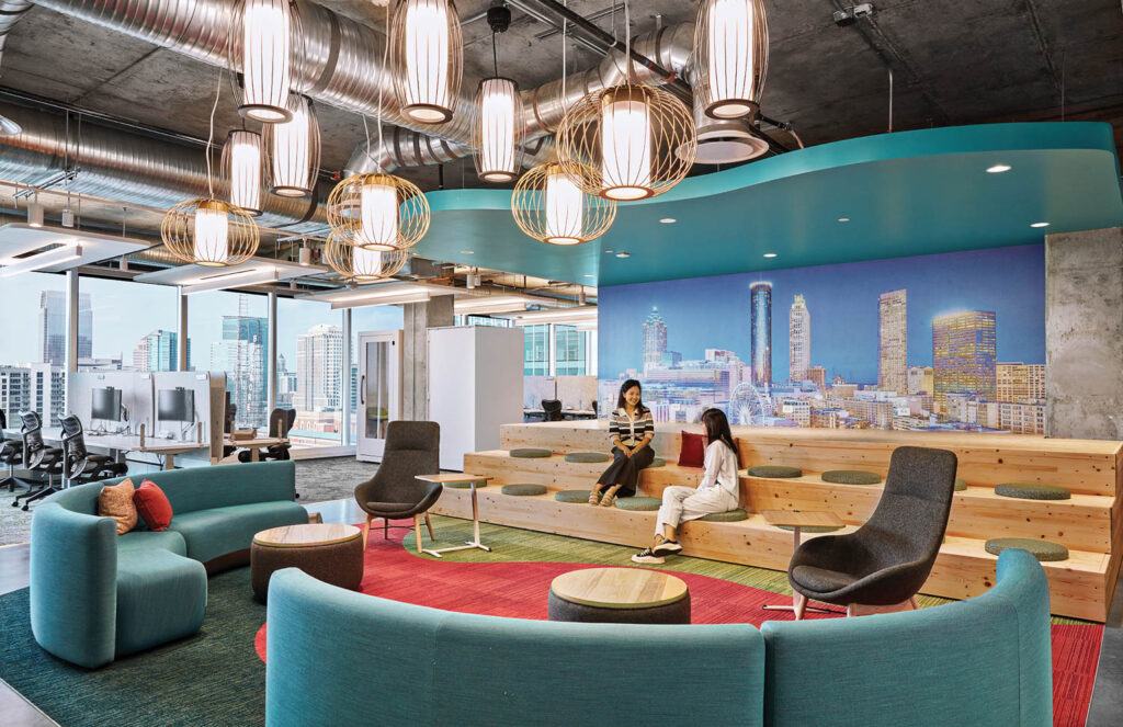 a common ares with curved blue velvet seating in Autodesk Atlanta