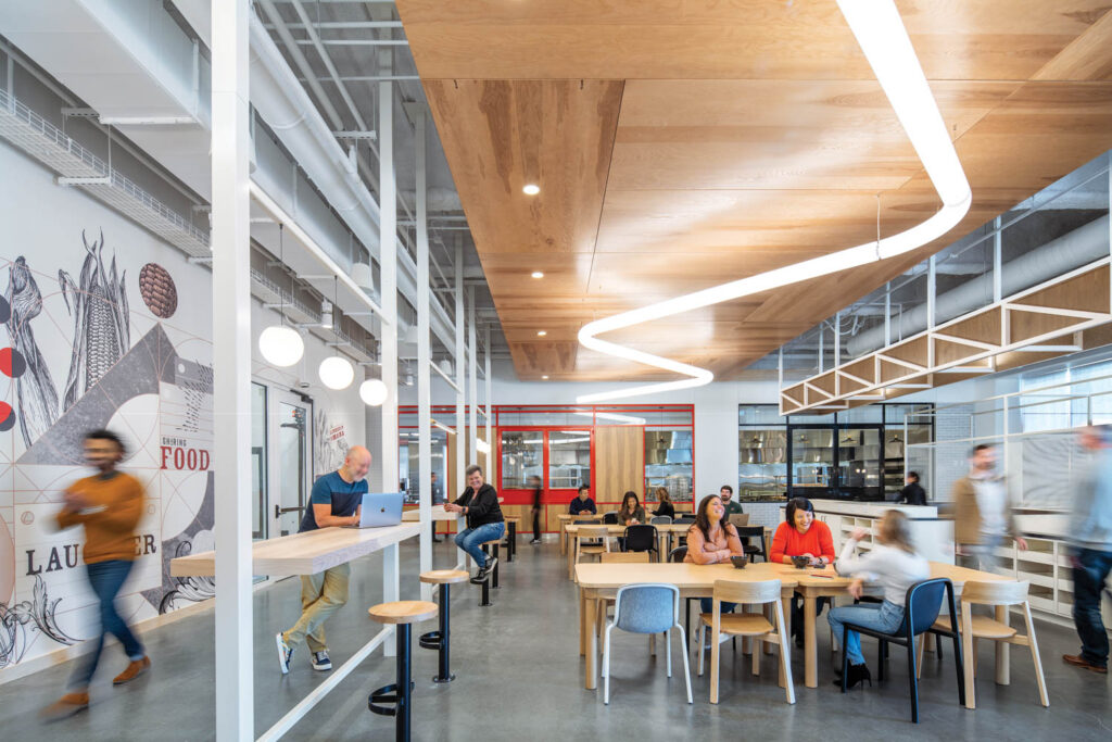 a tubular, zig-zagging light fixture hangs on the ceiling of the cafeteria at the LinkedIn office