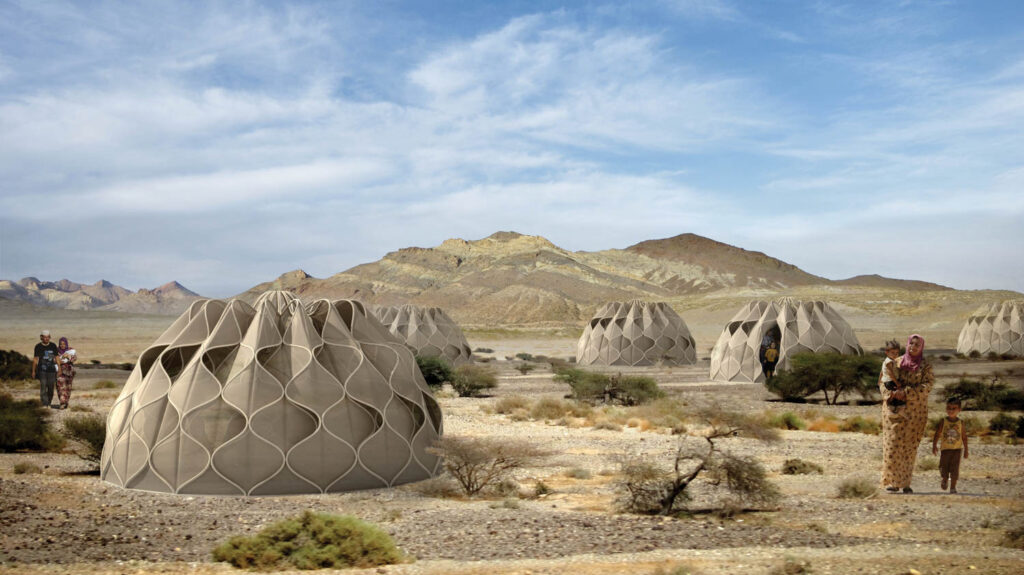 desert with many biophilic houses in the distance