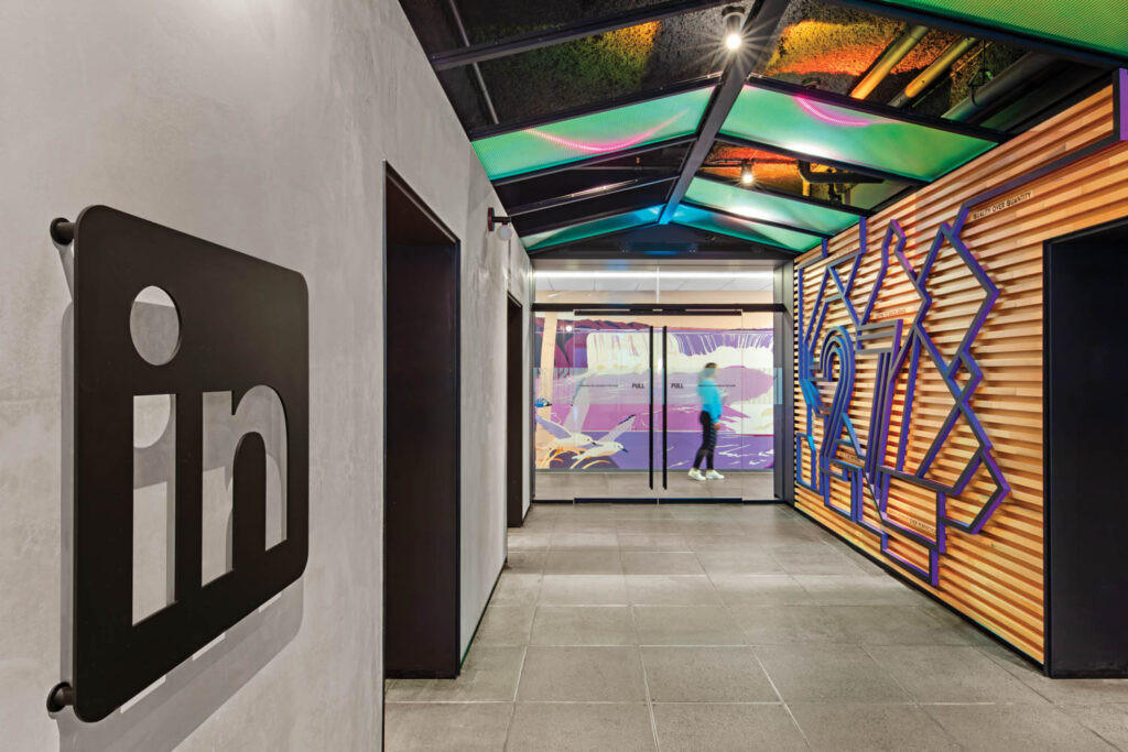LinkedIn HQ lobby with wayfinding on wall