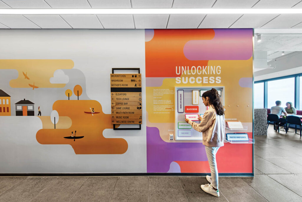 linkedin hallways with wayfinding imagery based on a magnetized wall game