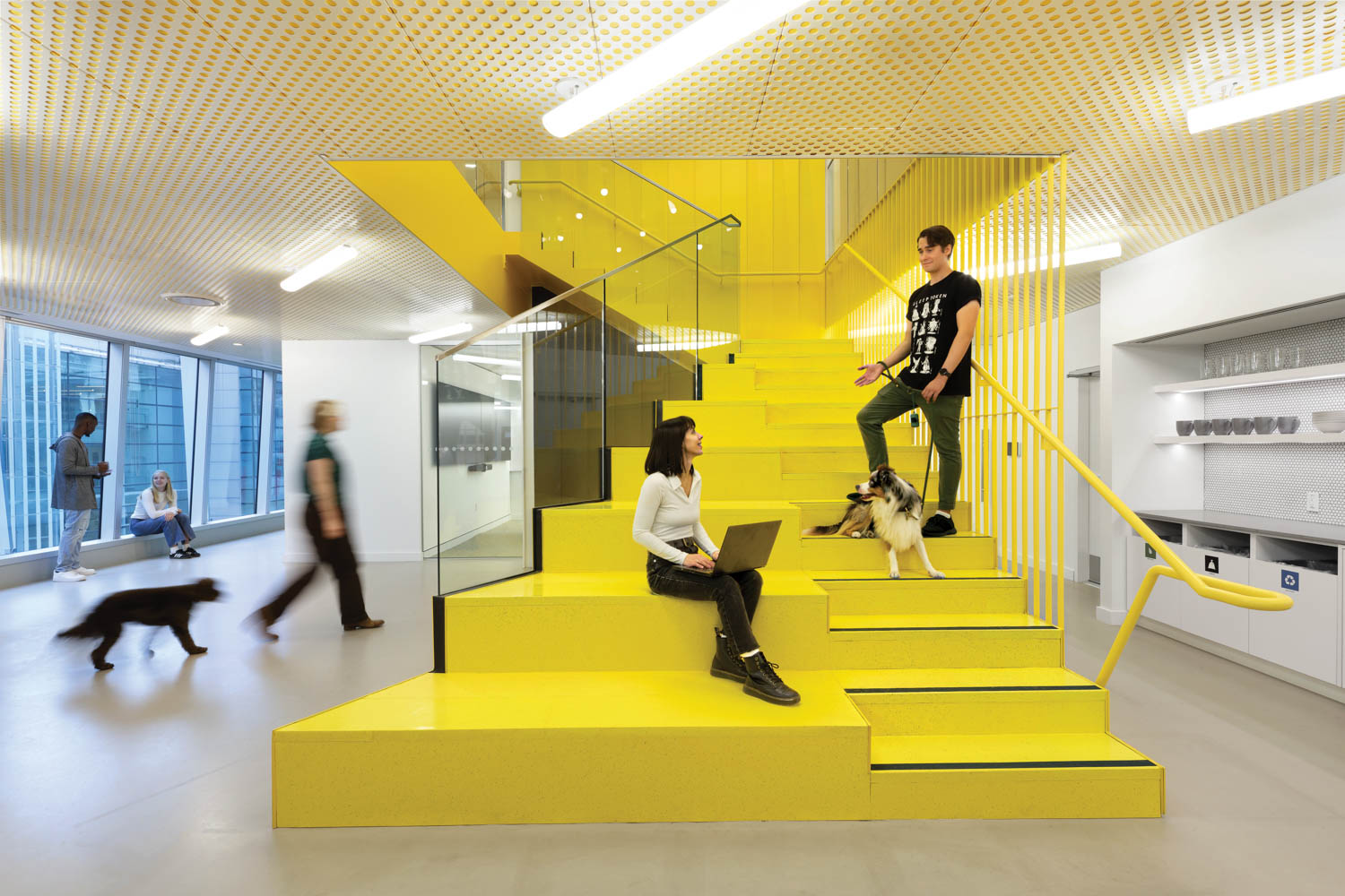 yellow staircase with platforms for people to sit on