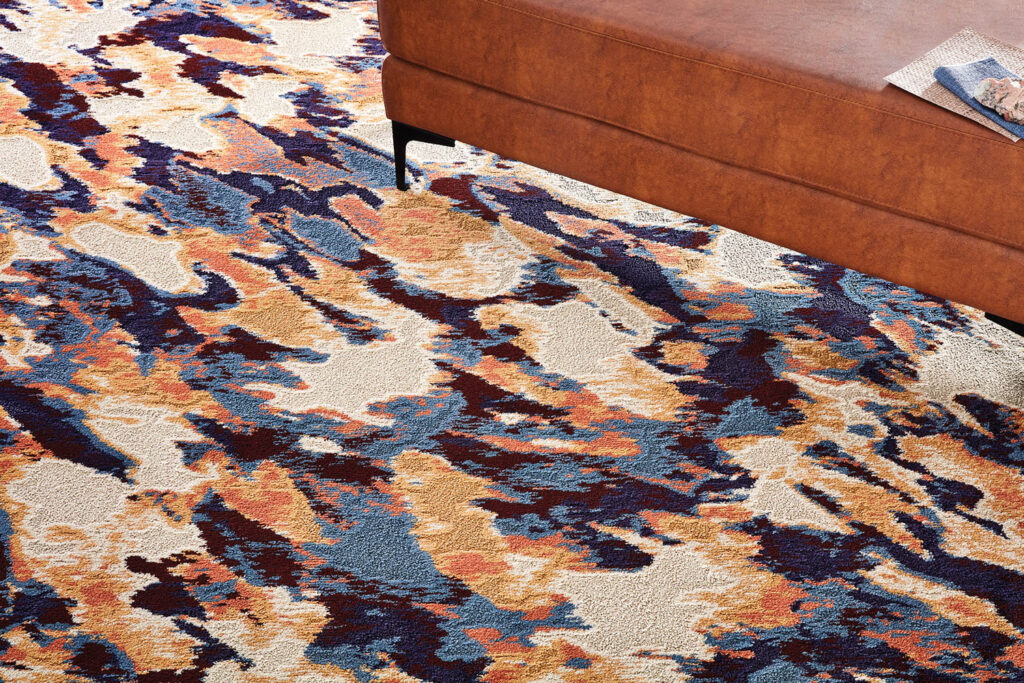 patterned rug with hints of blue and orange