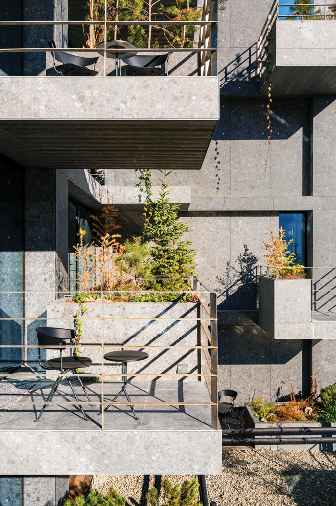 landscaped balconies clad with porcelain tiles and greenery